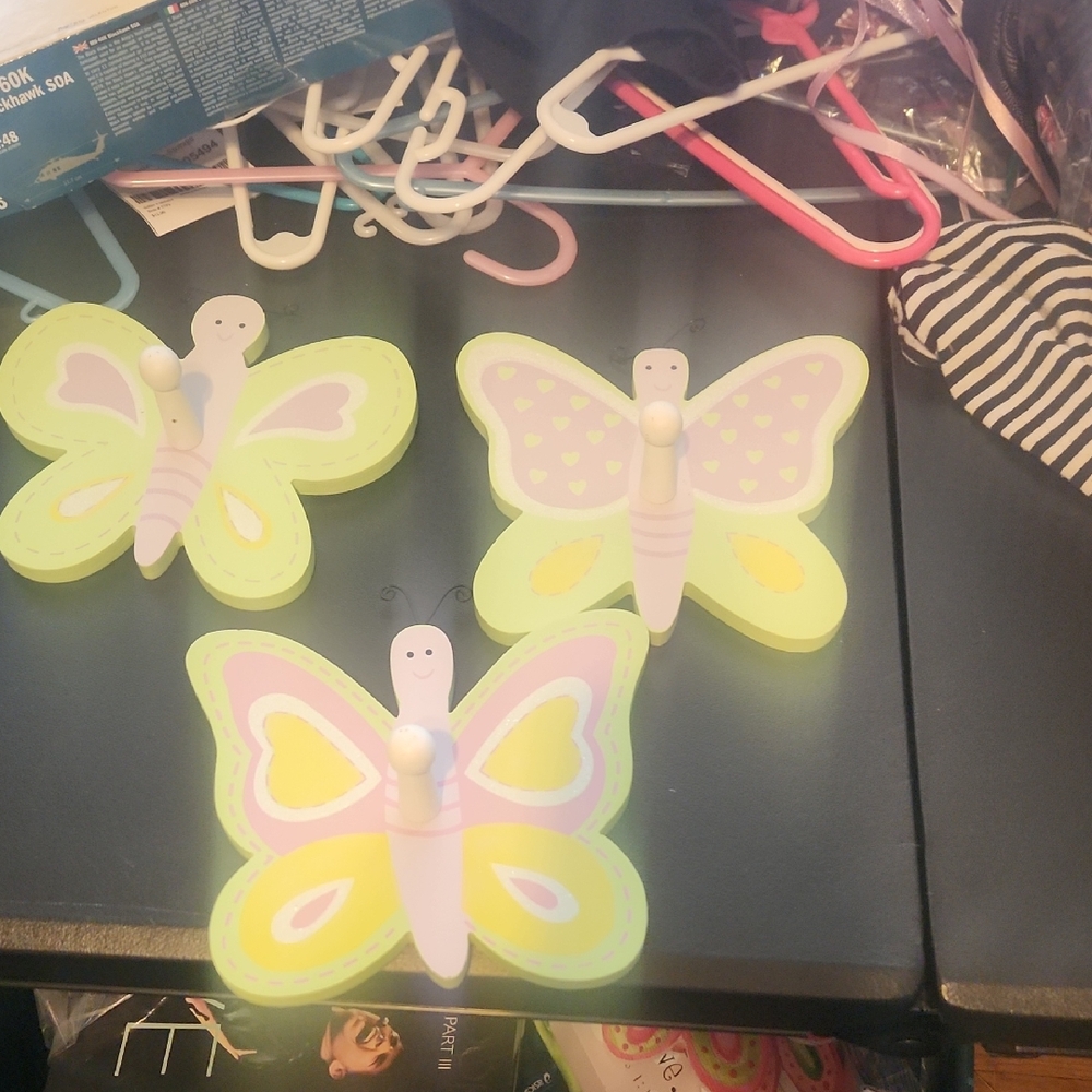 Butterfly Set Of 3 Wall Hooks for Kids - Yellow and Pink